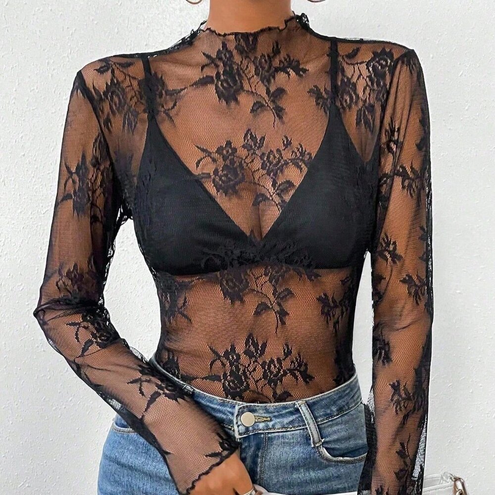 Black Sexy Women's Floral Lace Collar Long Sleeve Sheer Blouse